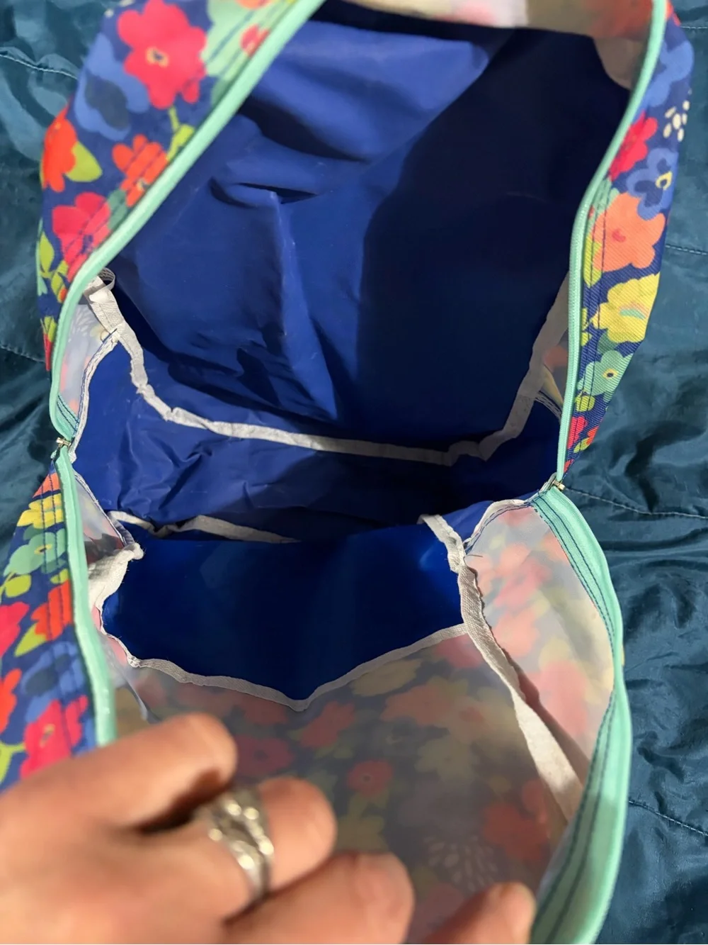 Navy backpack with vibrant flower print